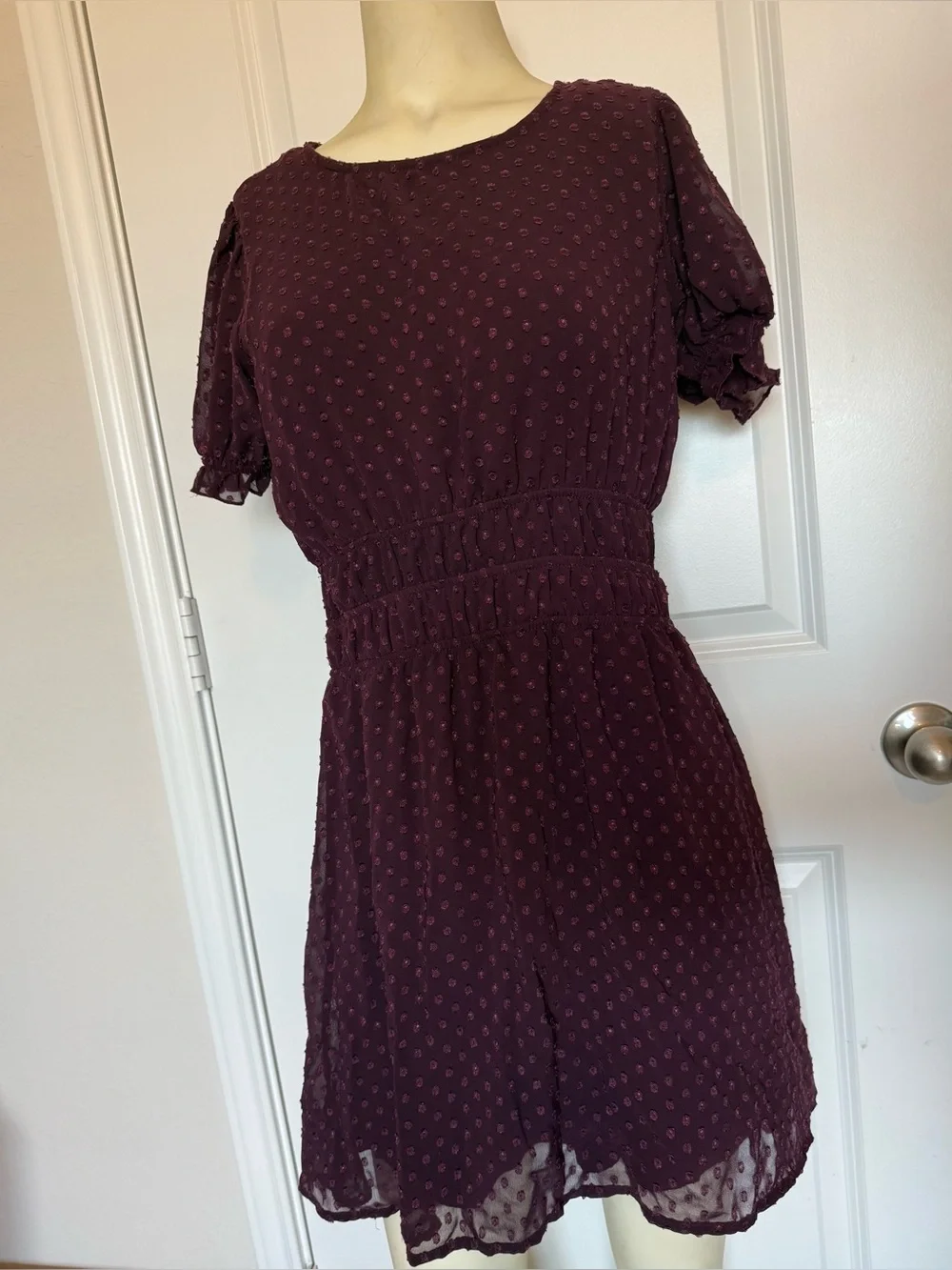 Speechless Burgundy Dot Puff Sleeve Mini Dress